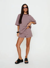 Settle Down Short Sleeve Top Pink Brown Stripe