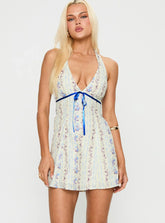 Jasmynne Halter Mini Dress White Blue