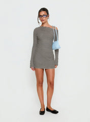 Journi Off Shoulder Long Sleeve Mini Dress Black White Stripe