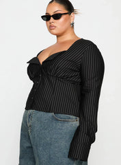 Set For Life Foldover Detail Long Sleeve Top Black White Pinstripe Curve