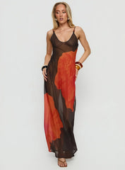 Carita Sheer Chiffon Maxi Dress Brown Orange Floral