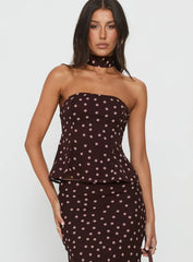 Sydni Scarf Detail Strapless Top Chocolate Pink Polka Dot
