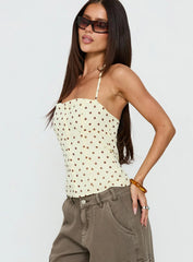 Bon Bon Tie Neck Top Yellow Brown Polka