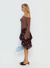 Hevenna Asymmetrical Chiffon Mini Skirt Brown Blue Polka