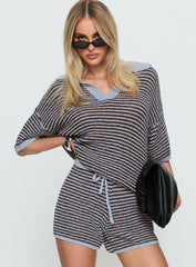 Serenique Collared Short Sleeve Knit Top Blue Chocolate