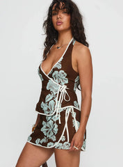 Anyah Tie Side Linen Skort Brown Blue