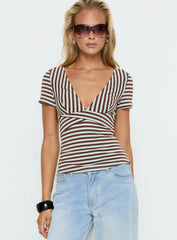 Madelon Short Sleeve Wrap Top Brown Blue Stripe