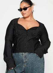 Set For Life Foldover Detail Long Sleeve Top Black White Pinstripe Curve