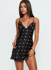 Margareta Lace Trim Mini Dress Black White Polka Dot