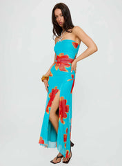 Katara Strapless Maxi Dress Blue Orange Floral