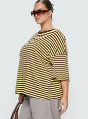 Settle Down Short Sleeve Top Yellow Brown Stripe Curve