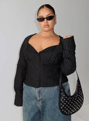 Set For Life Foldover Detail Long Sleeve Top Black White Pinstripe Curve