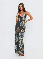 Esmira Halter Maxi Dress Chocolate Blue Floral