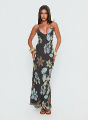 Esmira Halter Maxi Dress Chocolate Blue Floral