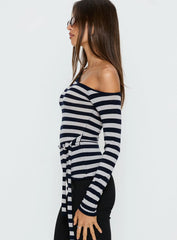 Kastor One Shoulder Long Sleeve Top Navy Grey Stripe
