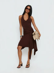 Moonlit Honey Asymmetrical Halter Jersey Midi Dress Chocolate