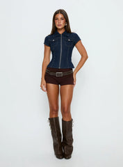 Liyana Denim Zip Up Short Sleeve Shirt Mid Blue