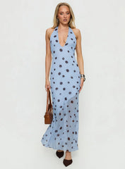 Oralee Halter Sheer Maxi Dress Blue Polka Dot