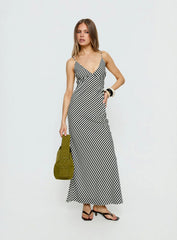 Lesondo V Neck Maxi Dress Black White Stripe