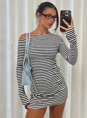 Journi Off Shoulder Long Sleeve Mini Dress Black White Stripe