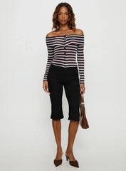 Raelena Off Shoulder Long Sleeve Top Blue Brown Stripe