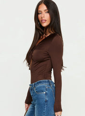 Vennie Twist Front Long Sleeve Bodysuit Brown