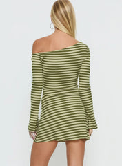 Adrietta Long Sleeve Off Shoulder Mini Dress Cream Matcha Stripe
