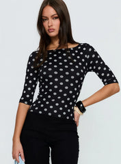 Venna 3 4 Sleeve Boat Neck Top Black White Polka