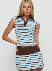 Cadey Contrast Collar Polo Top Blue Brown