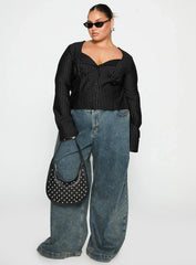 Set For Life Foldover Detail Long Sleeve Top Black White Pinstripe Curve