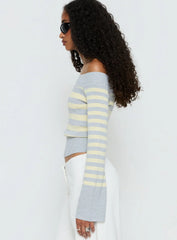 Perrey Long Sleeve Off Shoulder Top Knit Yellow Grey Stripe
