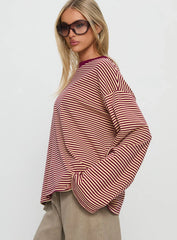 Settle Down Long Sleeve Top Lemon Burgundy Stripe