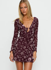 Raylena Long Sleeve V neck Mini Dress Burgundy Floral
