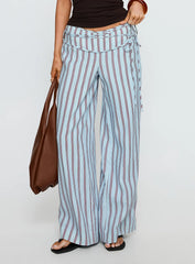 Silver Moon Linen Blend Tie Pants Blue Maroon Stripe