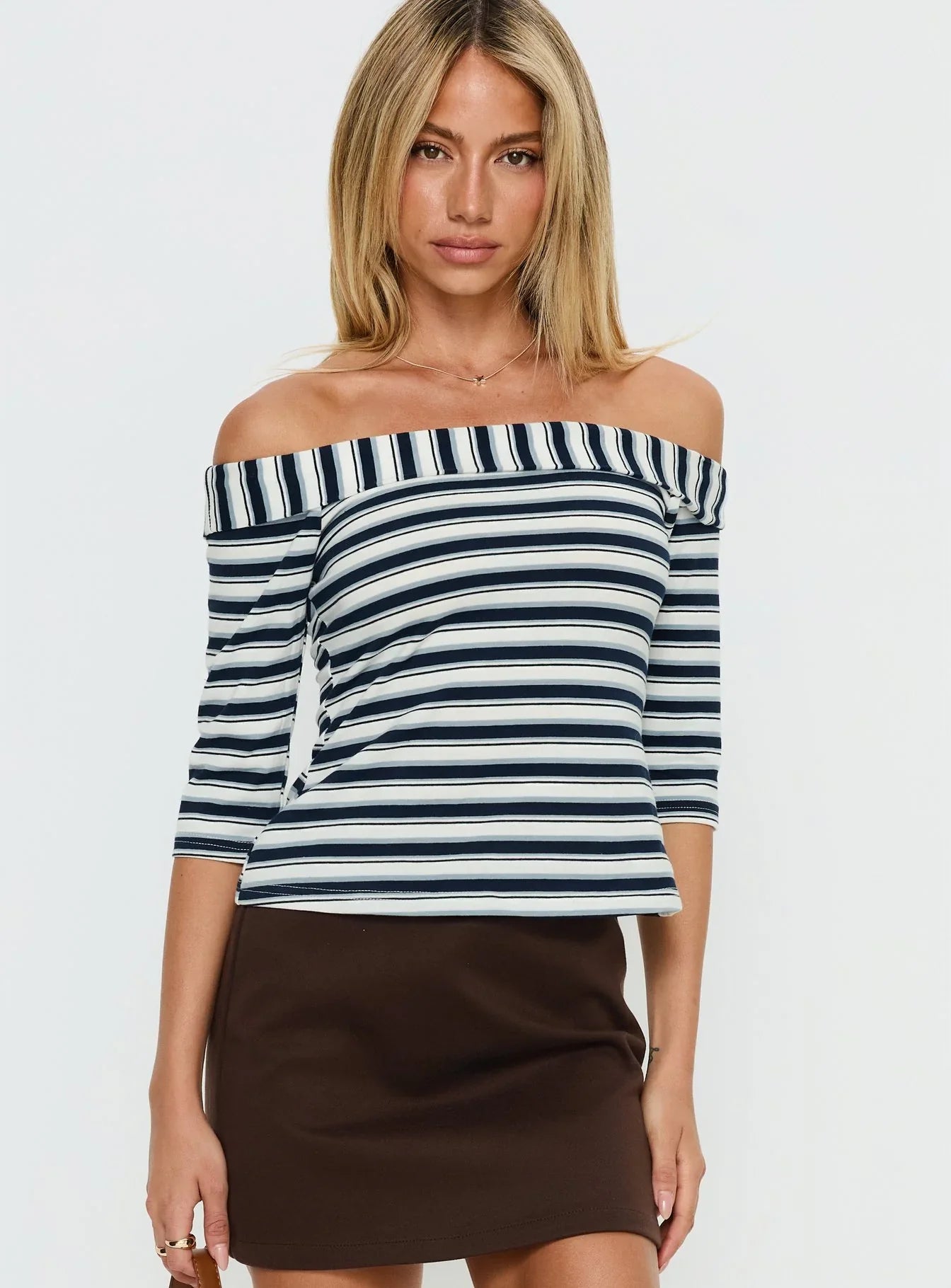 Shaylla Off Shoulder 3 4 Sleeve Top Blue Stripe