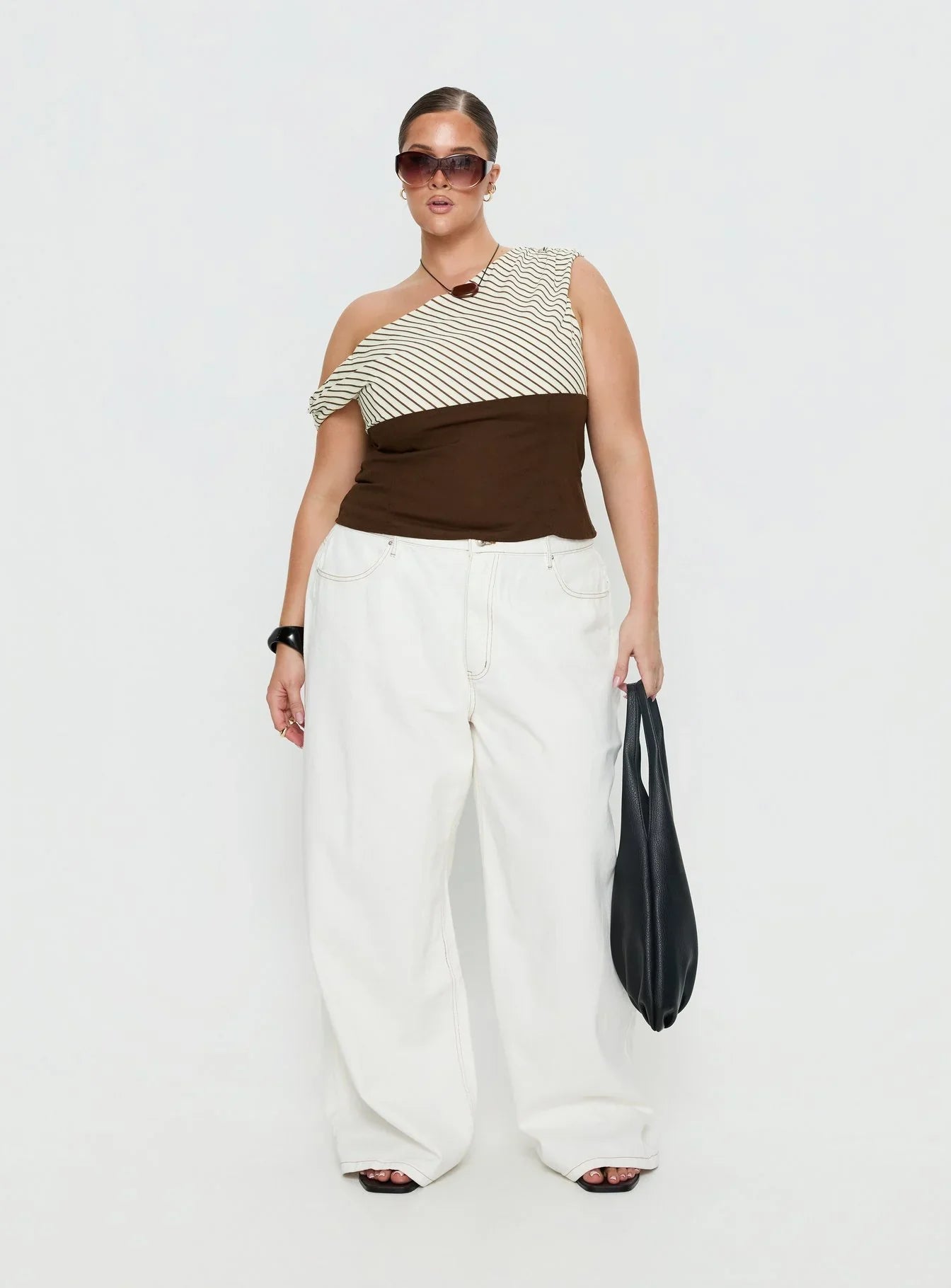 Past Life One Shoulder Top Brown Stripe Curve