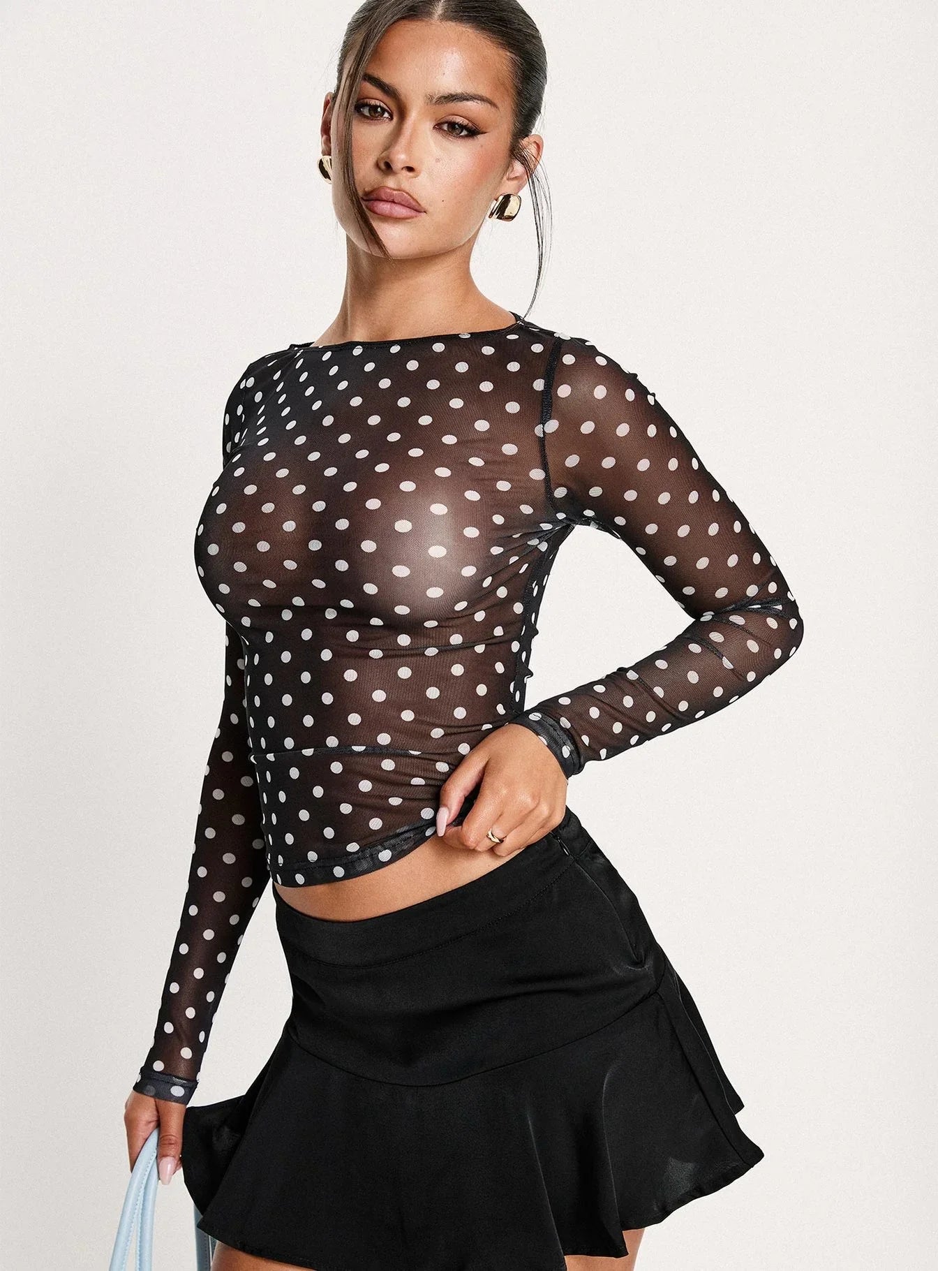 Rosenda Mesh Long Sleeve Top Black White Polka
