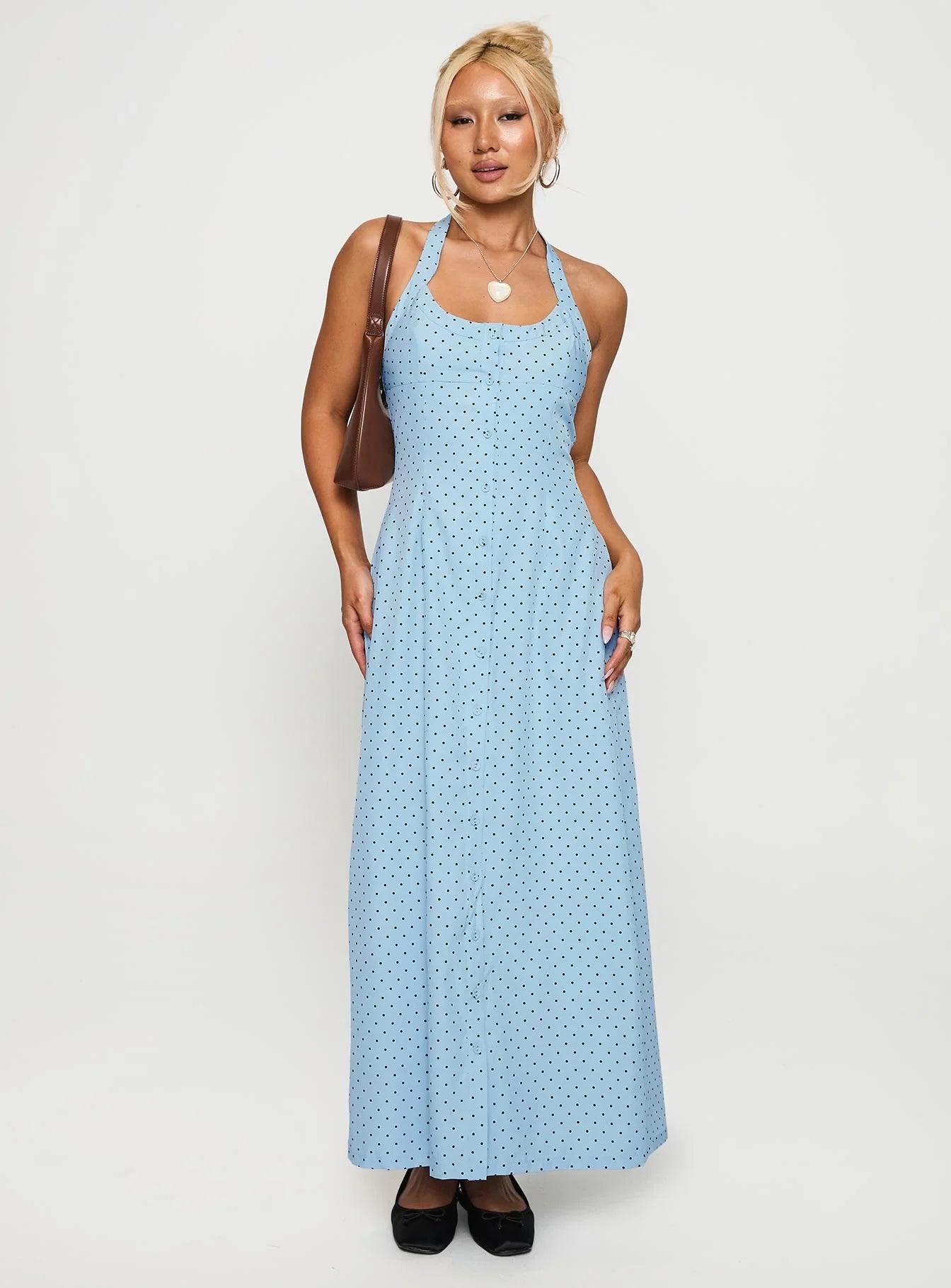 Mallorie Halter Maxi Dress Blue Black Polka