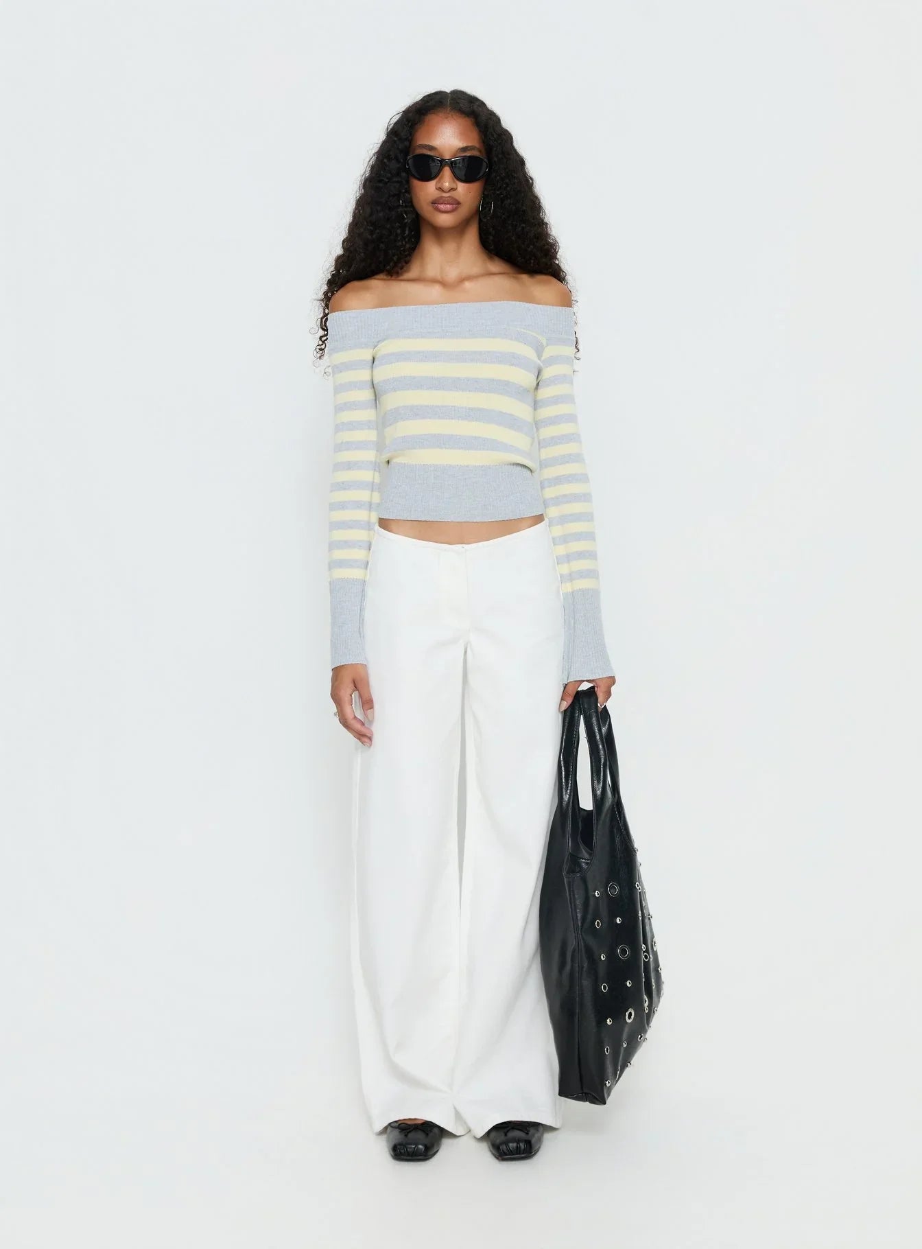Perrey Long Sleeve Off Shoulder Top Knit Yellow Grey Stripe