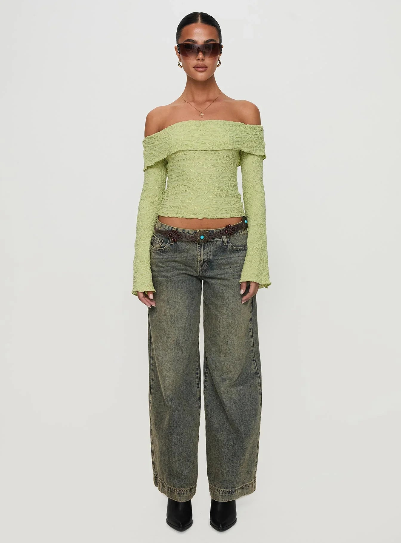 Back With Love Off Shoulder Long Sleeve Top Green