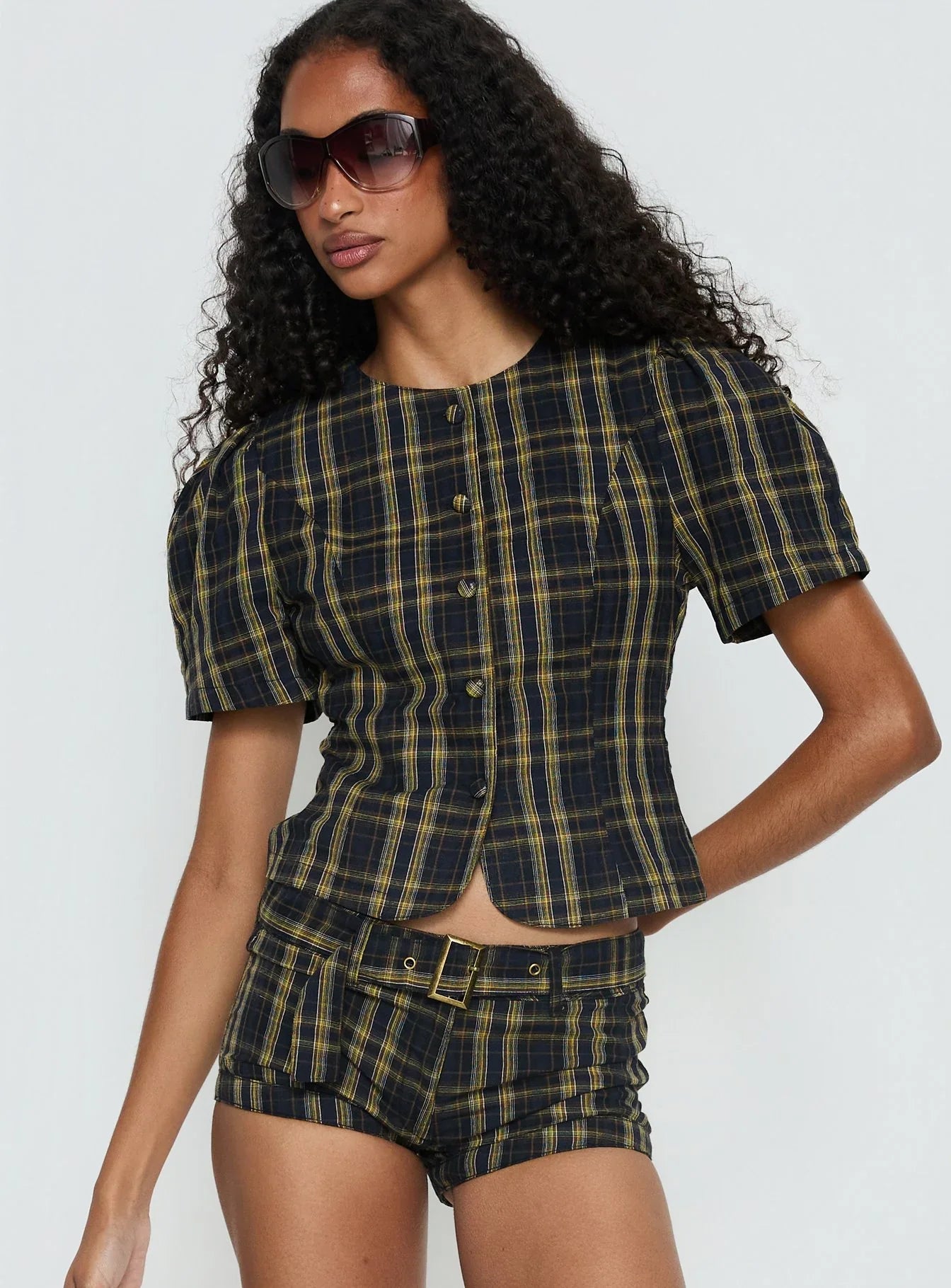 Femme Blouse Top Navy Lemon Plaid