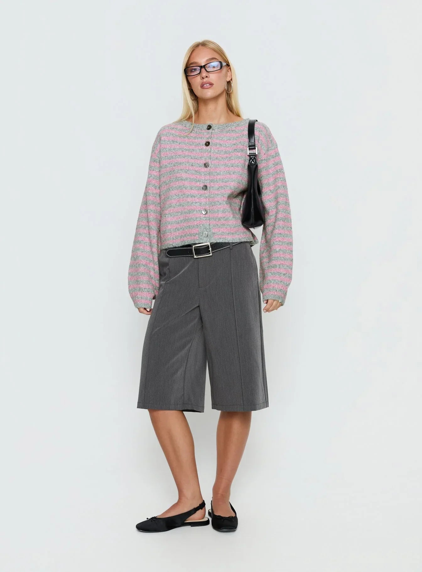 Raynna Button Up Cardigan Pink Grey Stripe