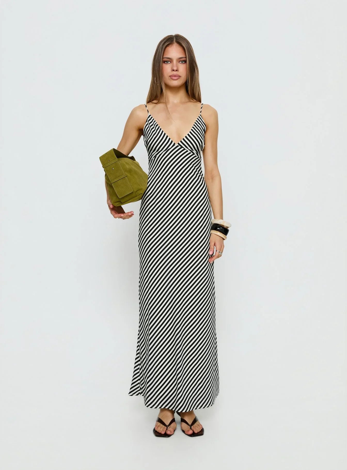Lesondo V Neck Maxi Dress Black White Stripe