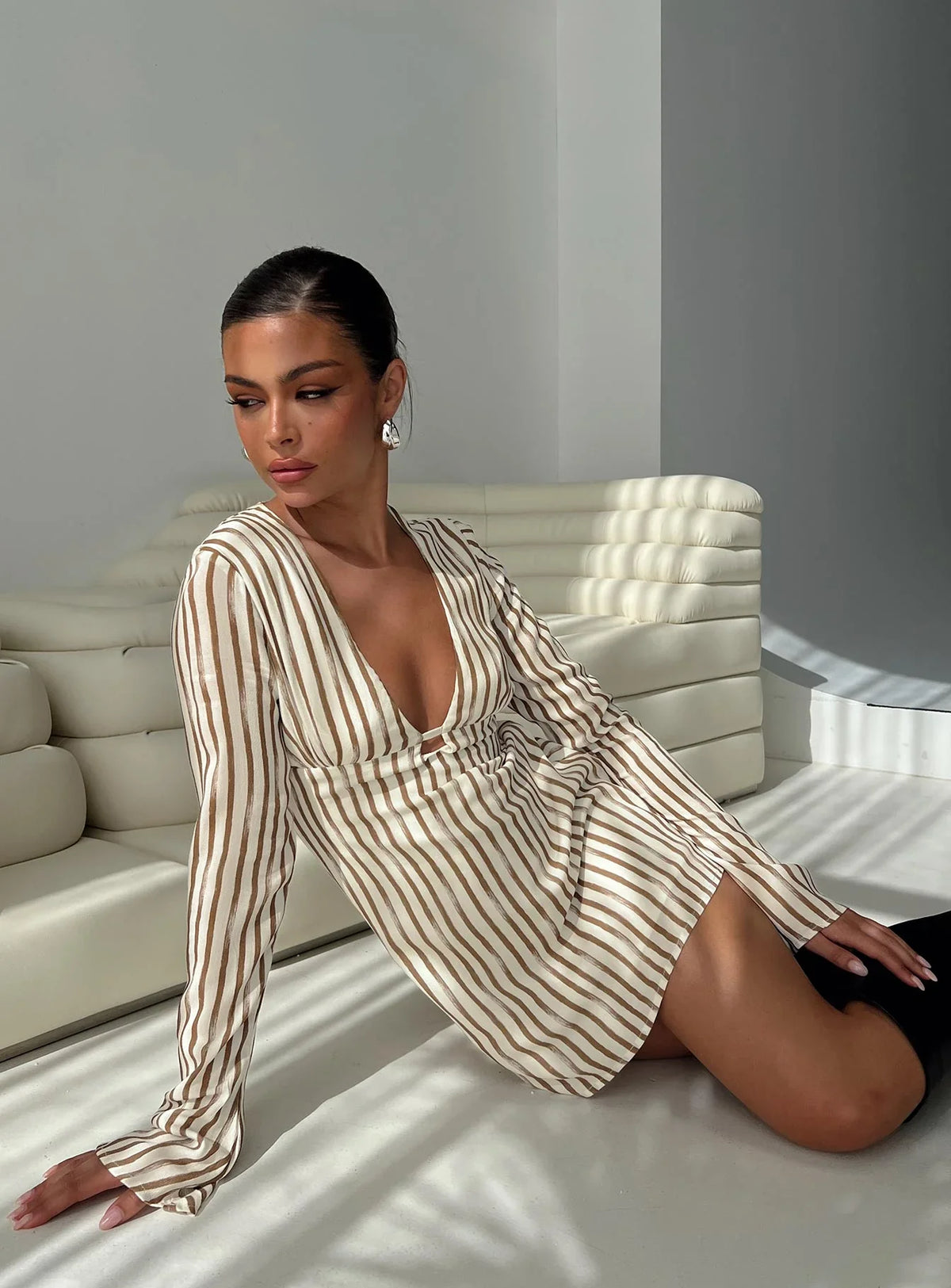 The Good Life Mini Dress Brown White Stripe