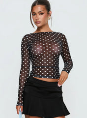 Rosenda Mesh Long Sleeve Top Black White Polka