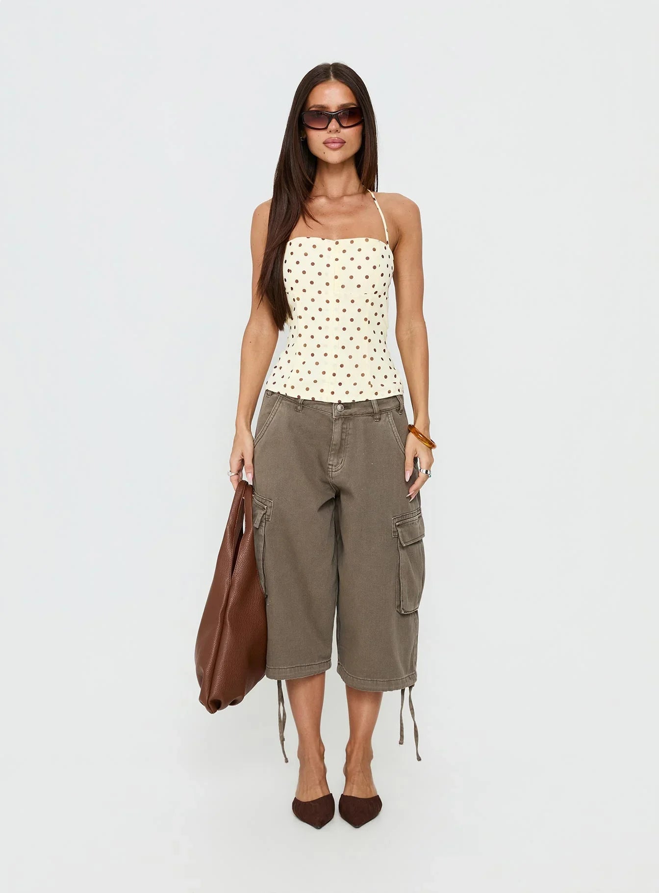 Bon Bon Tie Neck Top Yellow Brown Polka