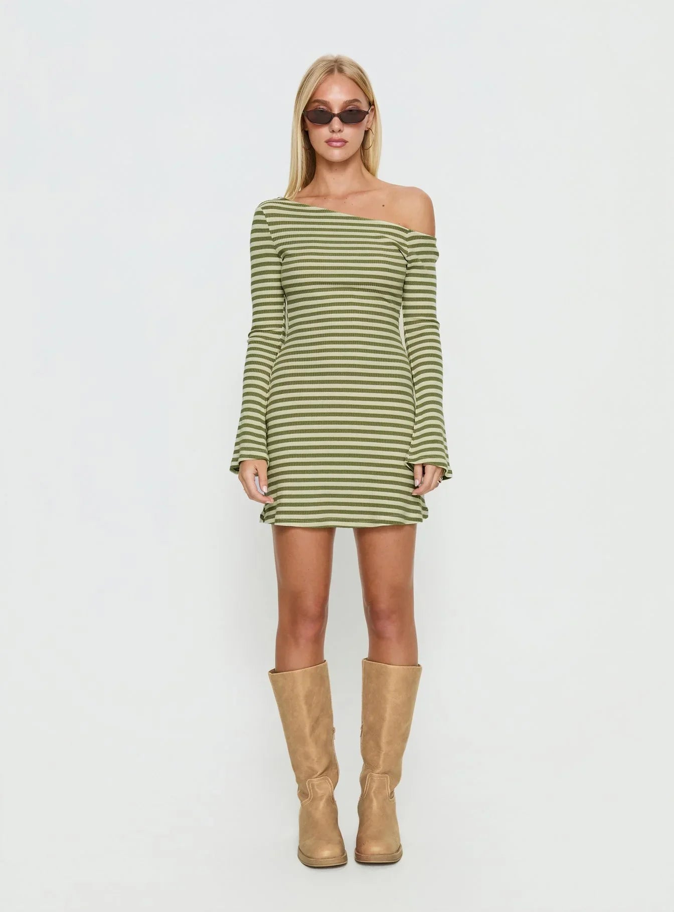 Adrietta Long Sleeve Off Shoulder Mini Dress Cream Matcha Stripe