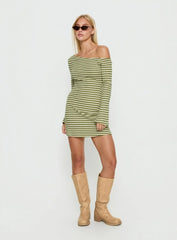 Adrietta Long Sleeve Off Shoulder Mini Dress Cream Matcha Stripe