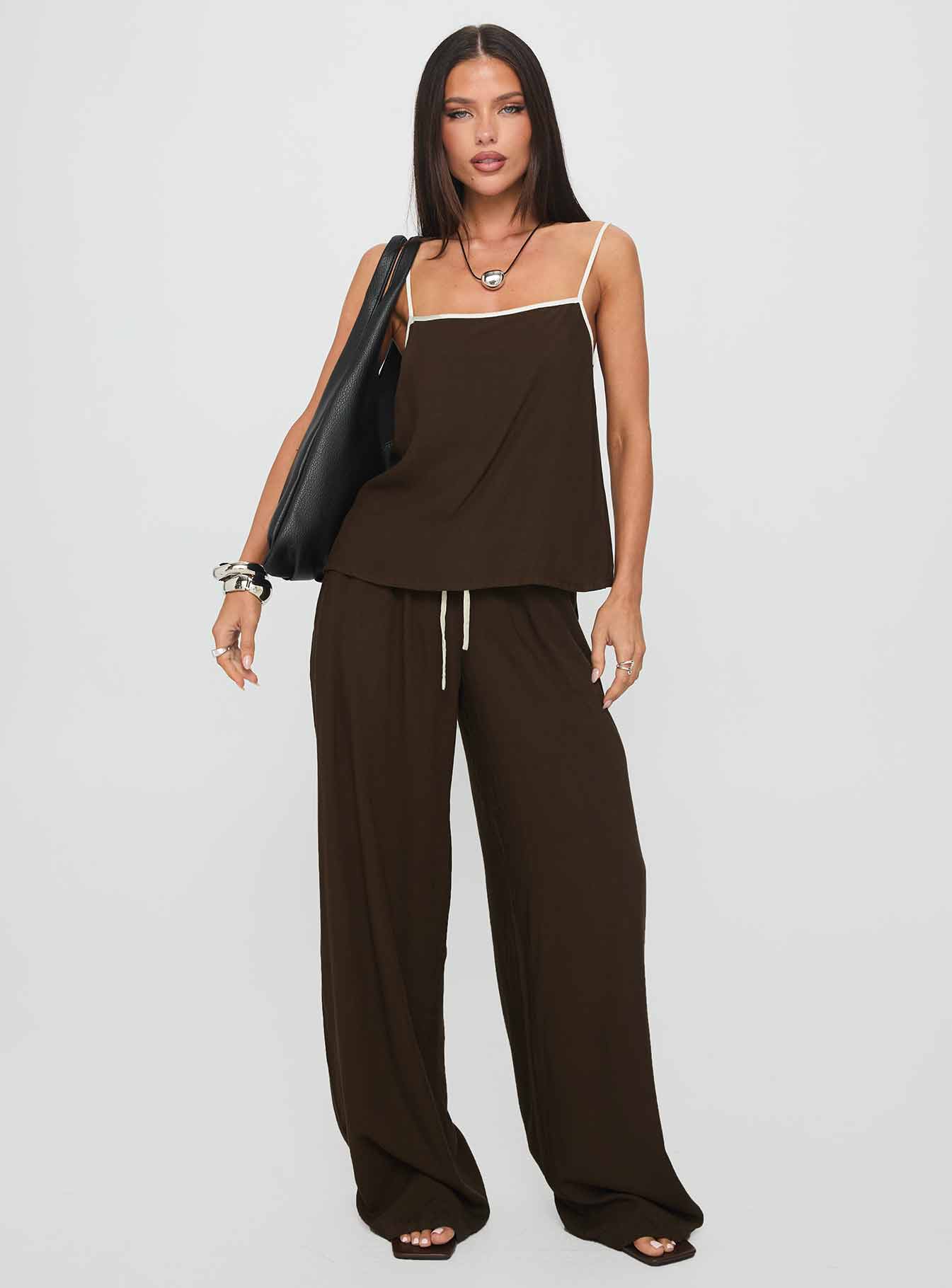 Nolei Contrast Pants Set Chocolate White
