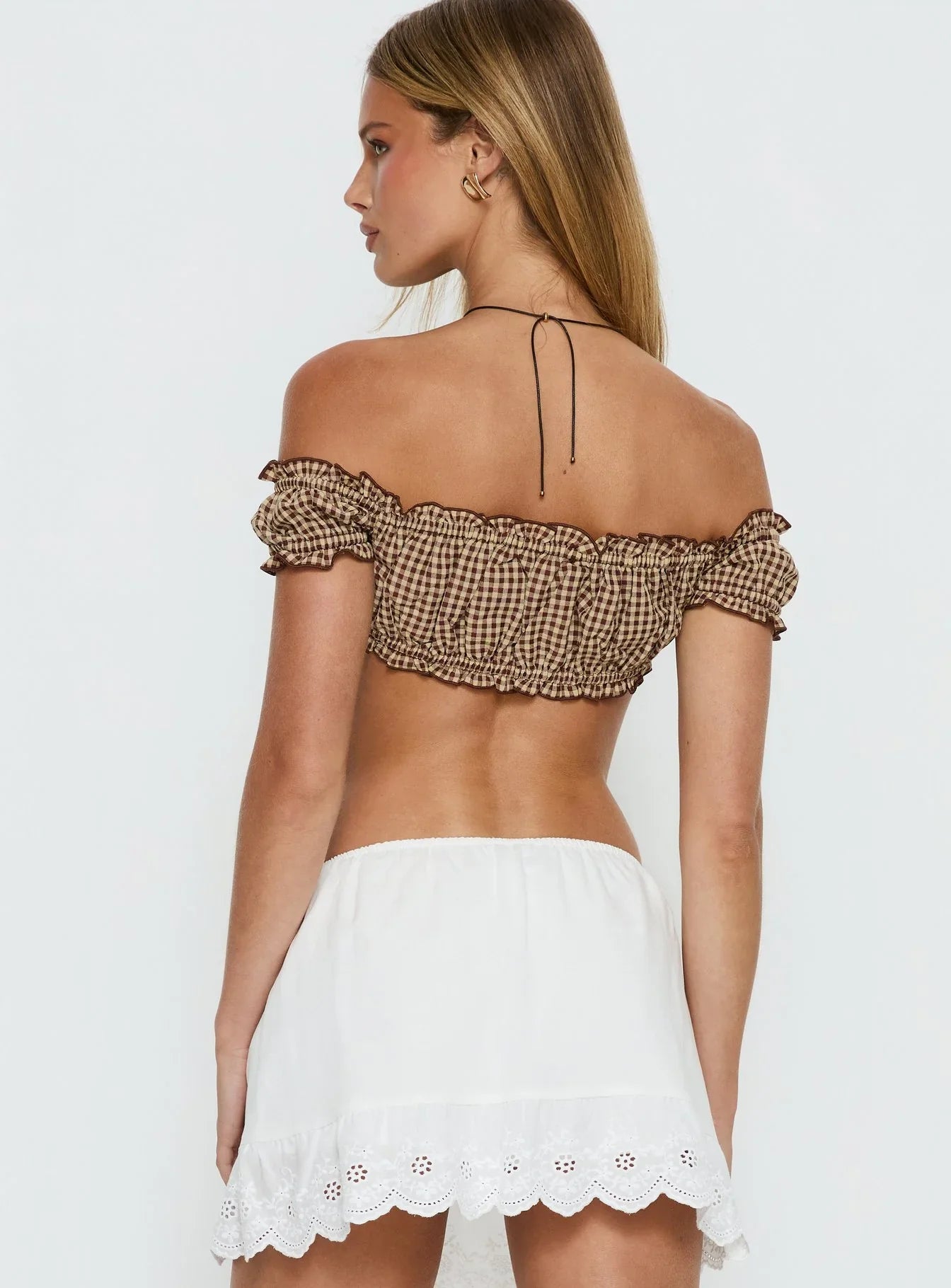 We Cant Stop Ruched Strapless Top Brown Gingham